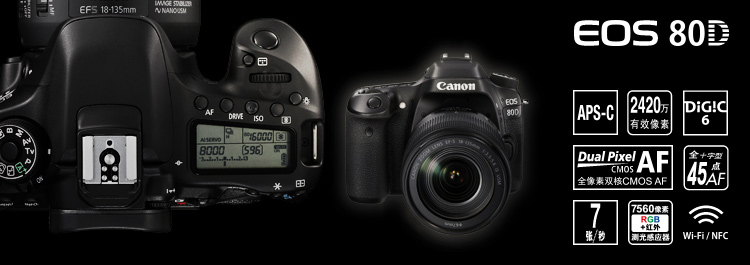 佳能（Canon）EOS 80D 单反相机单反机身（2420万有效像素双核CMOS45点 